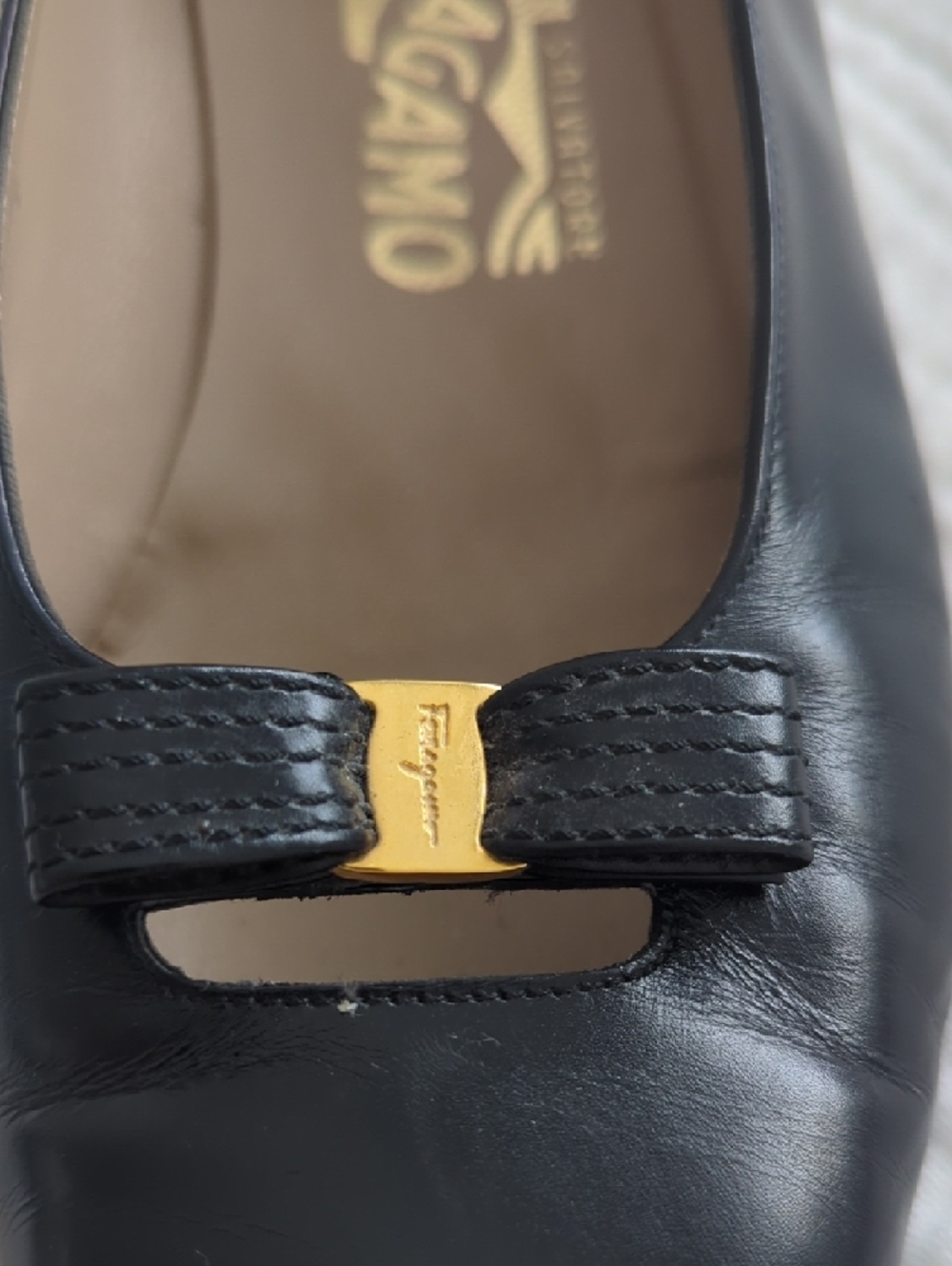 Vintage Salvatore Ferragamo Black Leather Vara Bow Kitten Heels with Gold Accent - Picture 2 of 8